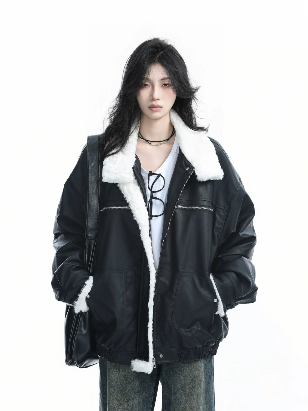 Zuocisankon Lamb Wool Lapel PU Leather Jacket Cotton Jacket