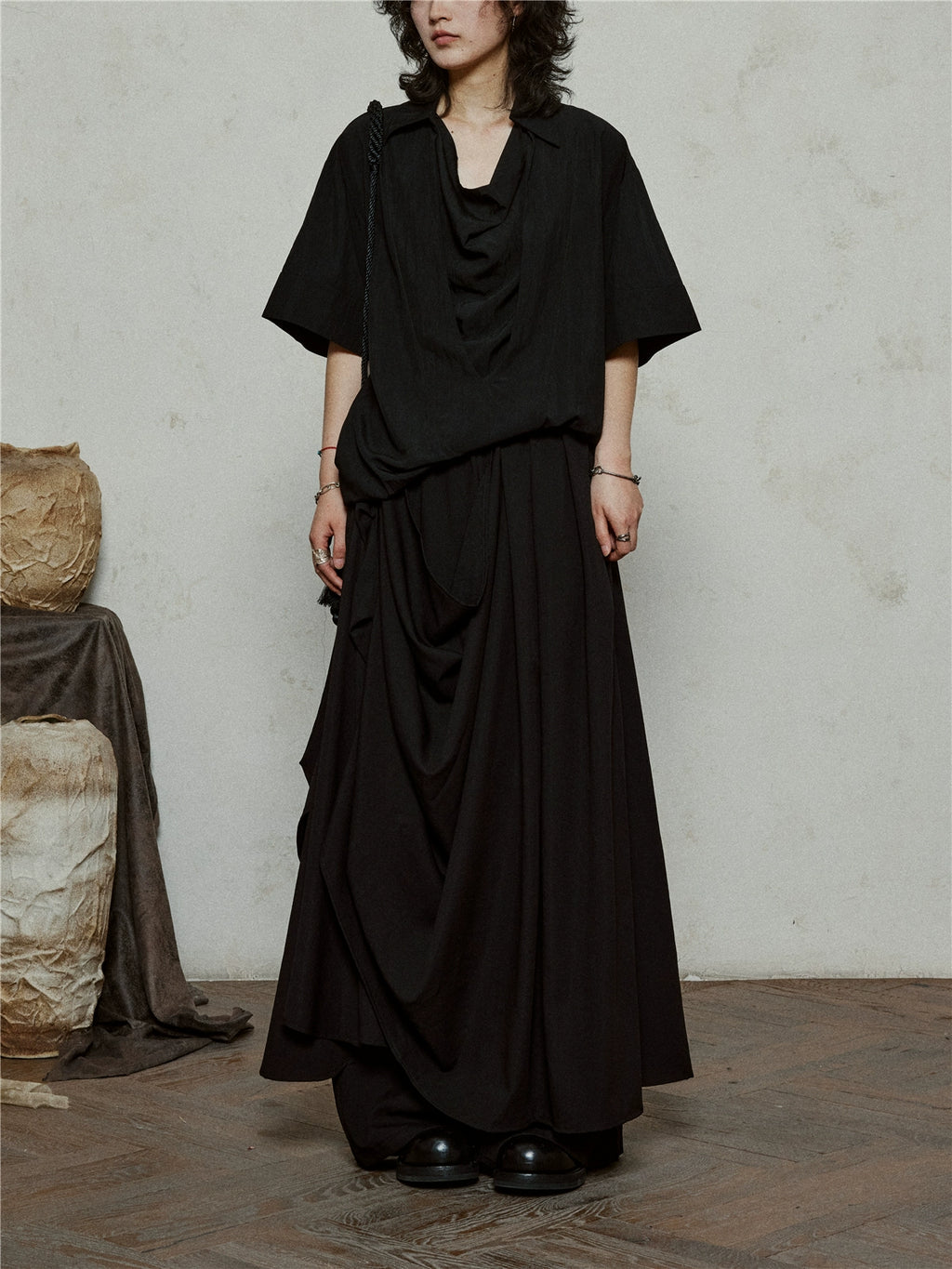 SUNYVONNE Irregular Double-layer Streamer Drape Wide-leg Pants