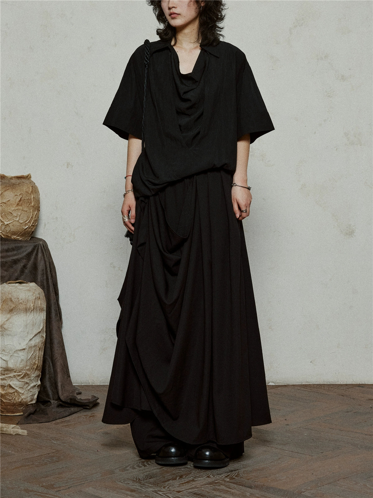 SUNYVONNE Irregular Double-layer Streamer Drape Wide-leg Pants