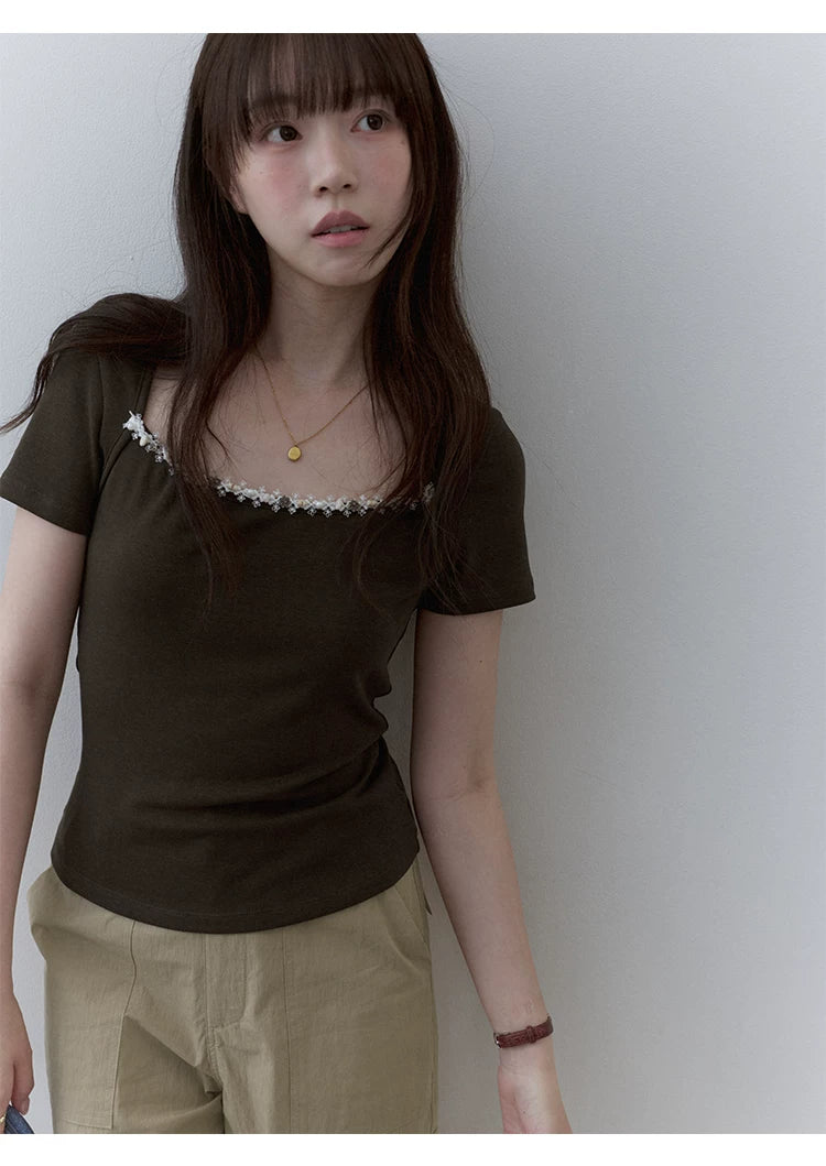 VOOE Square Neck Pearl Lace Tee