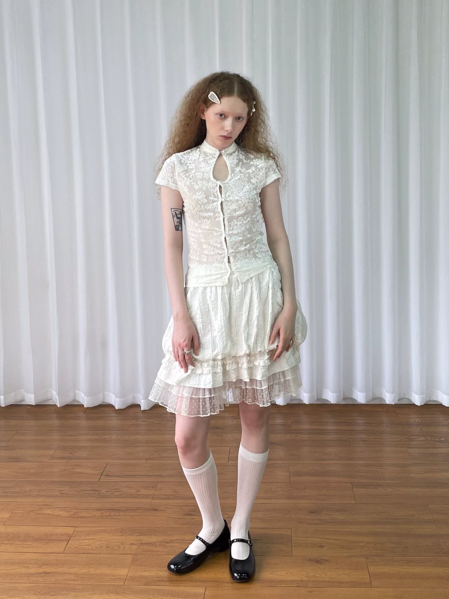 Loosesmell Jacquard Spliced Lace Waist Shirt