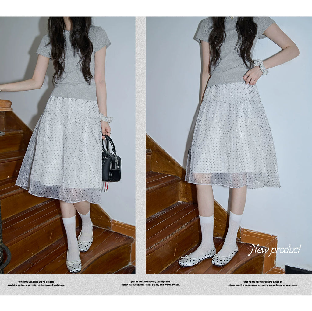 XUJING High-waisted Mesh Polka Dot Skirt