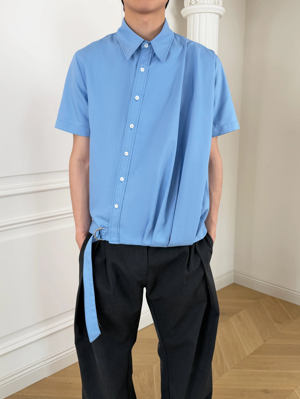 Stay The Night Pleated Strap-Up Short Sleeve Shirt