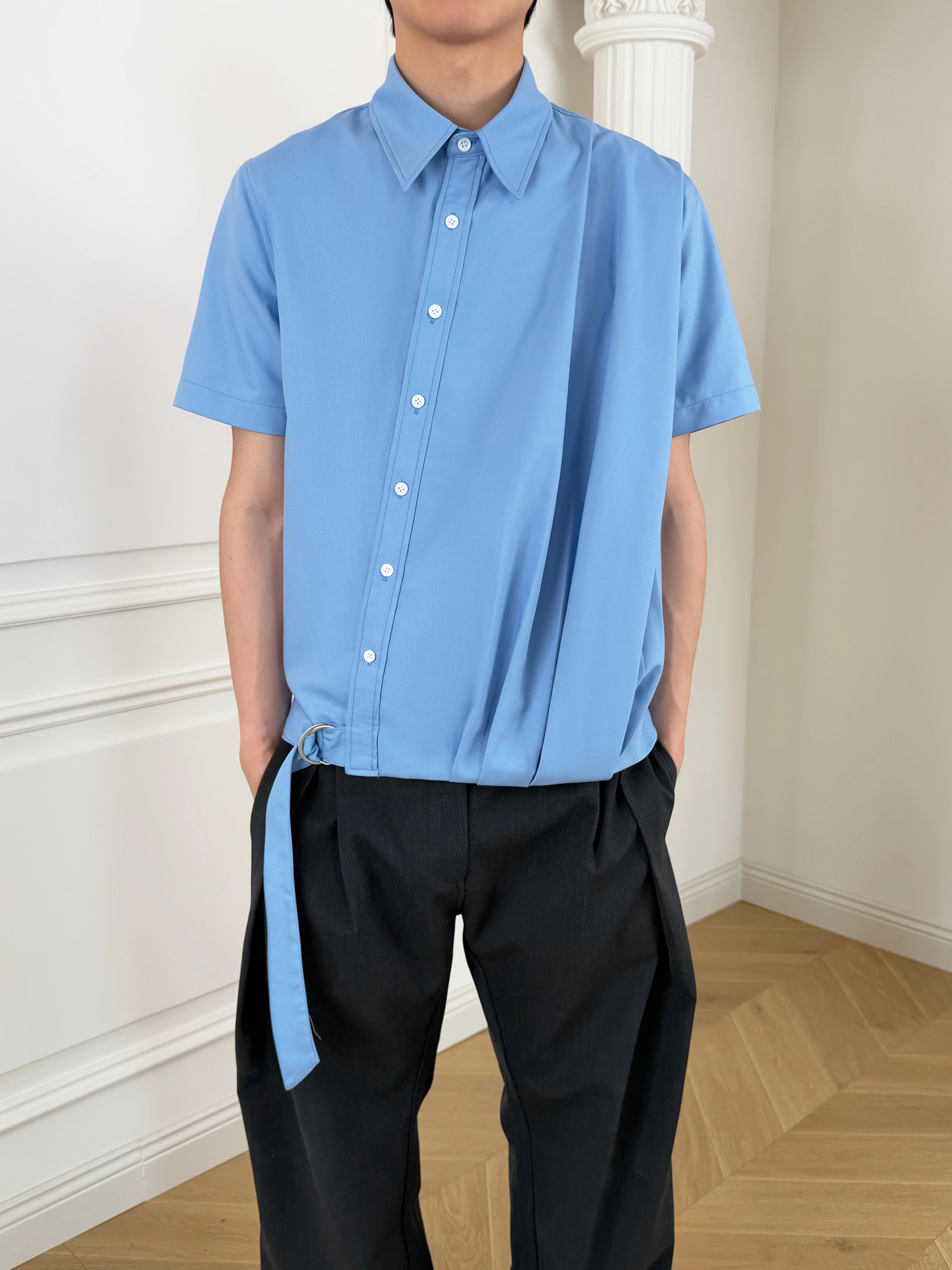 Stay The Night Pleated Strap-Up Short Sleeve Shirt