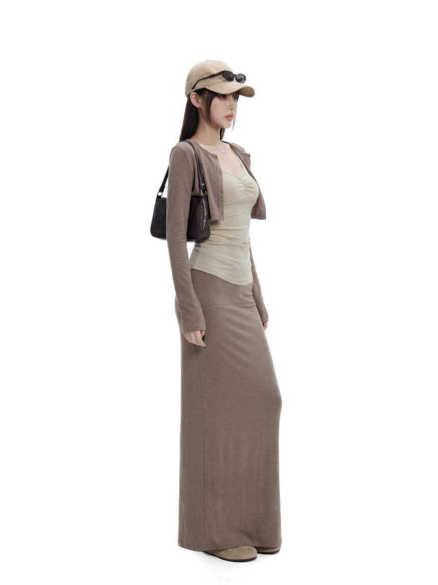 WITHMIN Front Shoulder Long Sleeve Suspender Low Waist Skirt Three-piece Set
