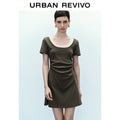 URBAN REVIVO Contrasting Splicing Fake Two-piece Pleated Short-sleeved Dress