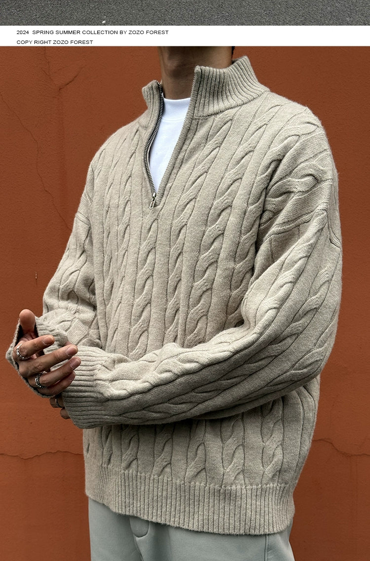 ZOZOFOREST Twist Pattern Thick Needle Half Zipper Sweater