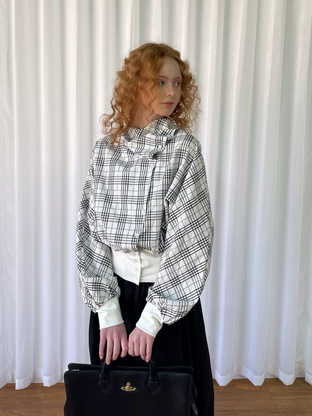 Loosesmell Plaid Pleated Collar Long-sleeved Shirt Jacket