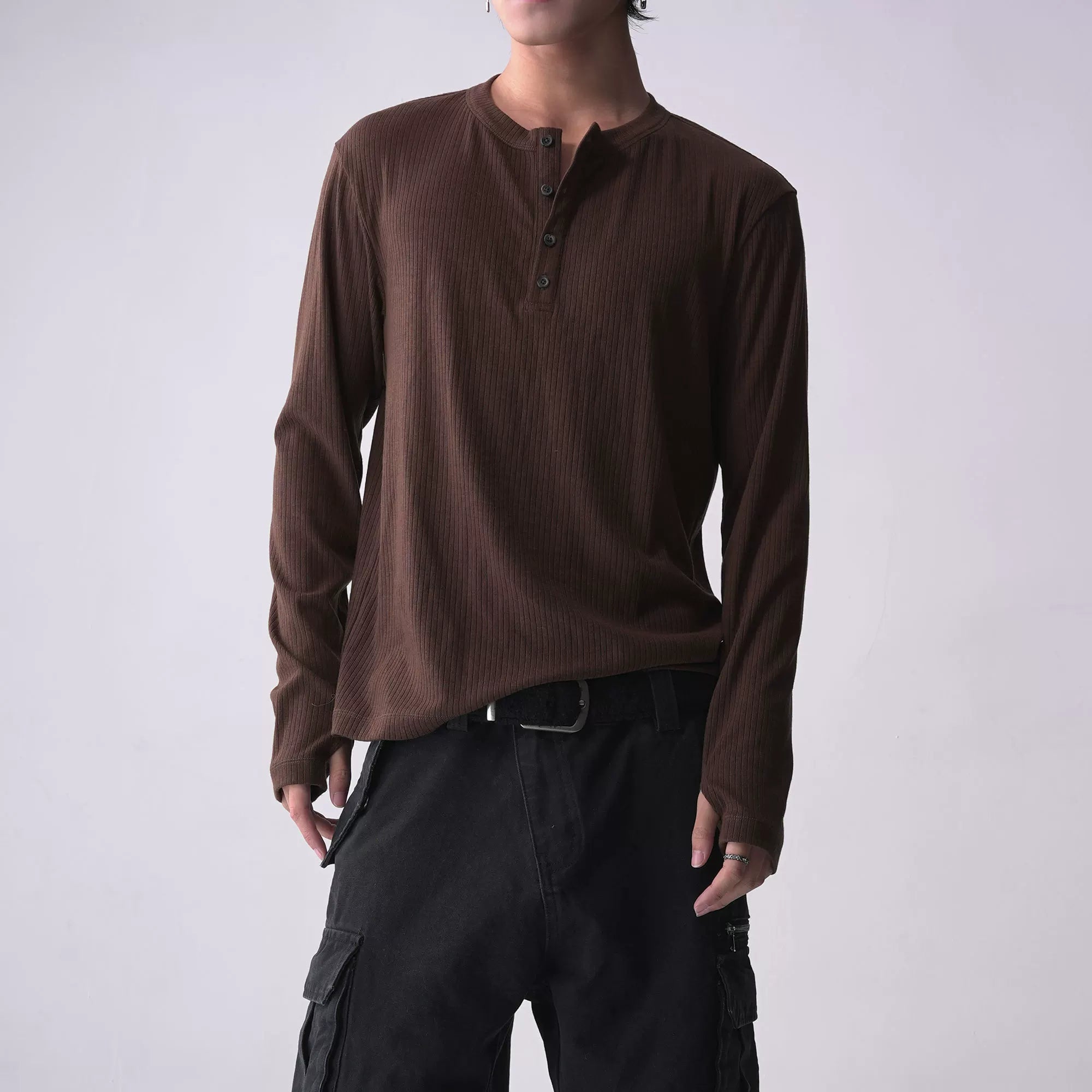 SOUTHFISH Casual Henry Neck Stretch Long Sleeve