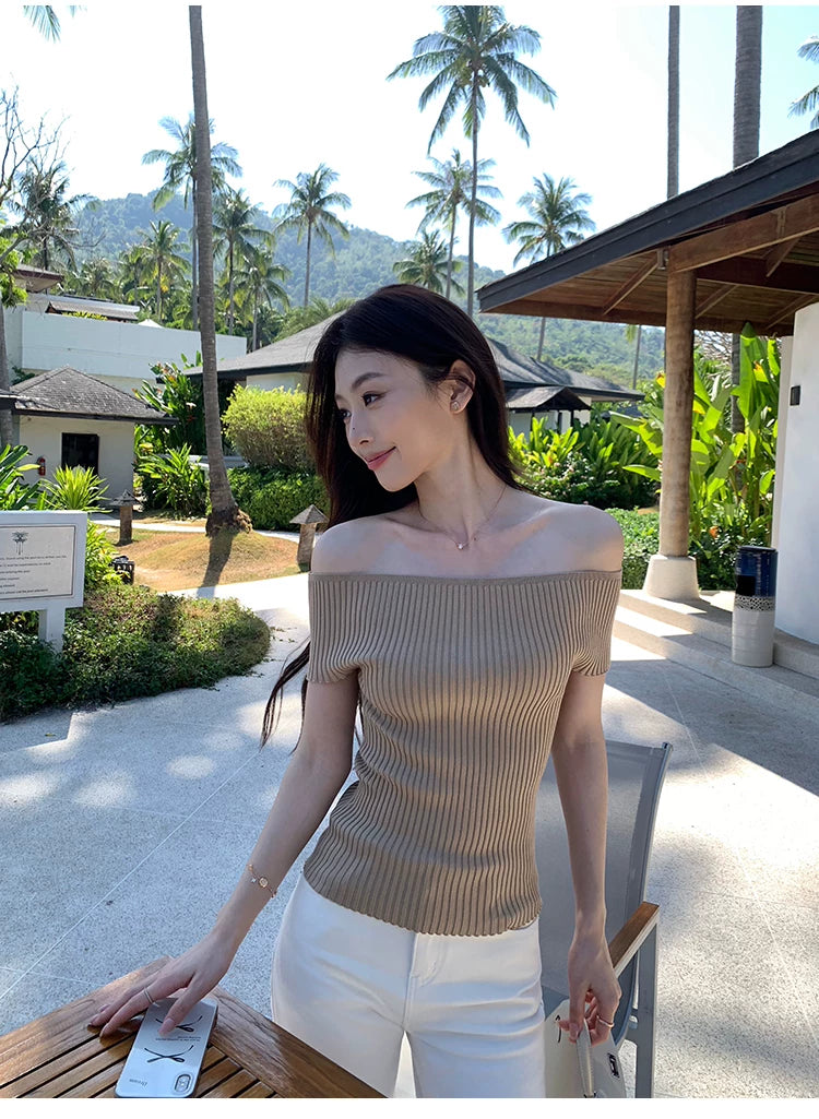 Pusumede Shoulder Slim Short Knitted tee