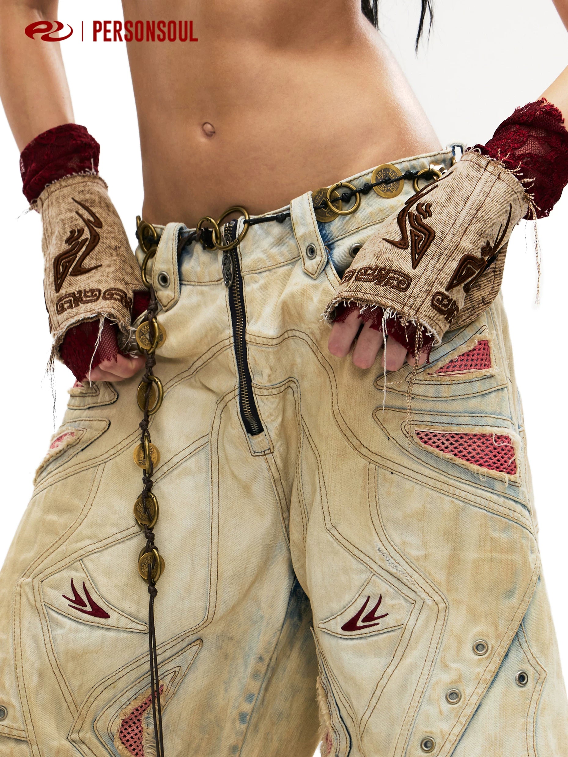 PERSONSOUL Pattern Embroidered Denim Gloves