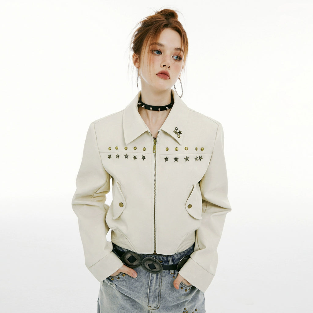 IMONE Vintage Rivet Short Leather Jacket