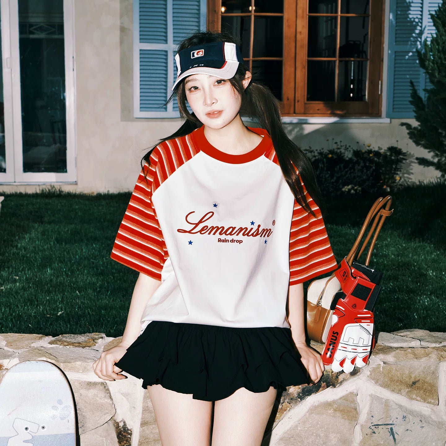 Lemanism Stripe Contrast Shoulder Letter Casual Tee