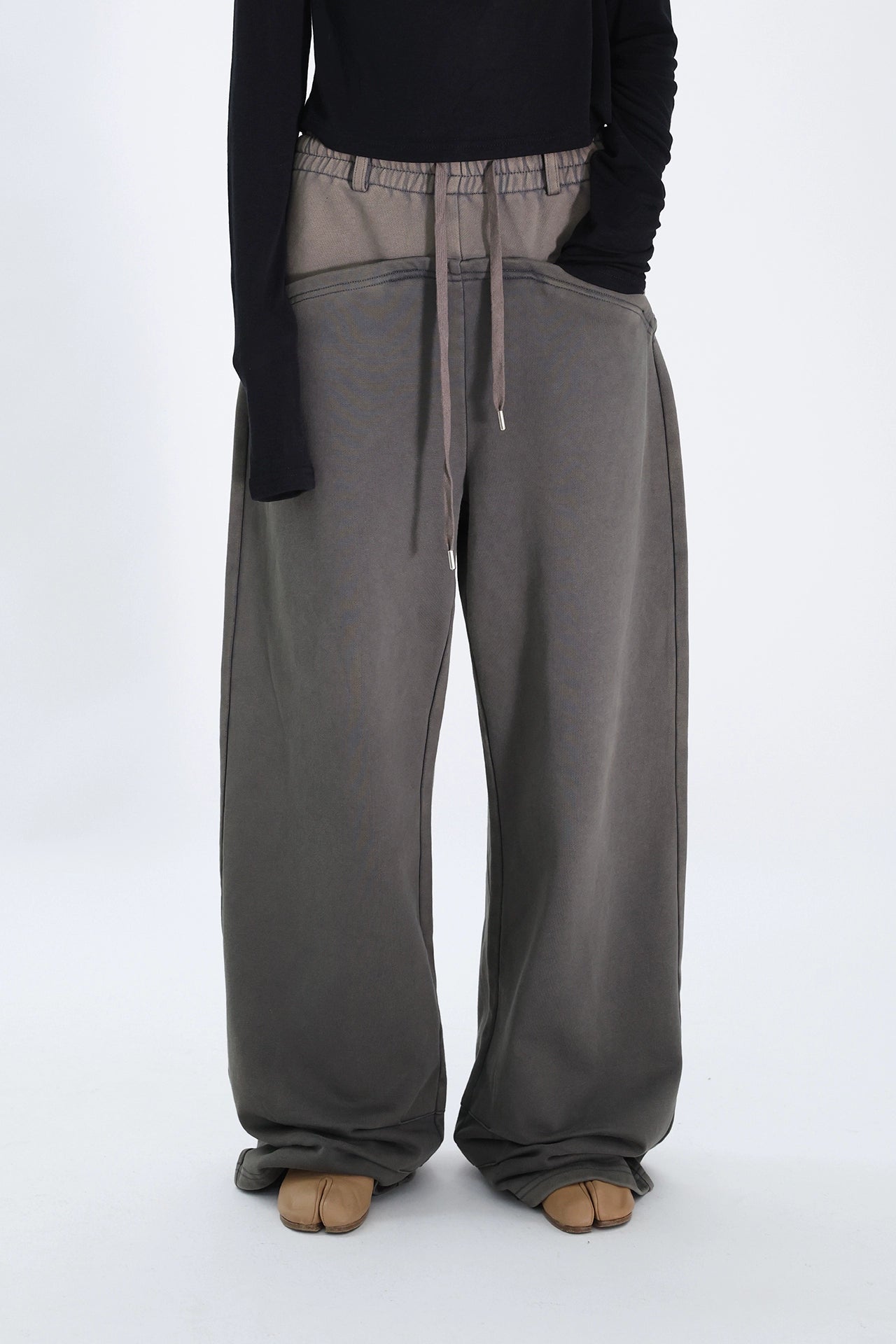 FUZZYKON Loose Old Splicing Double Waist Sweatpants