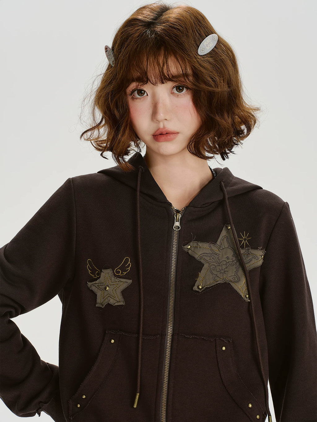 Girlyhalo Vintage Patch Embroidered Hooded Sweater Jacket
