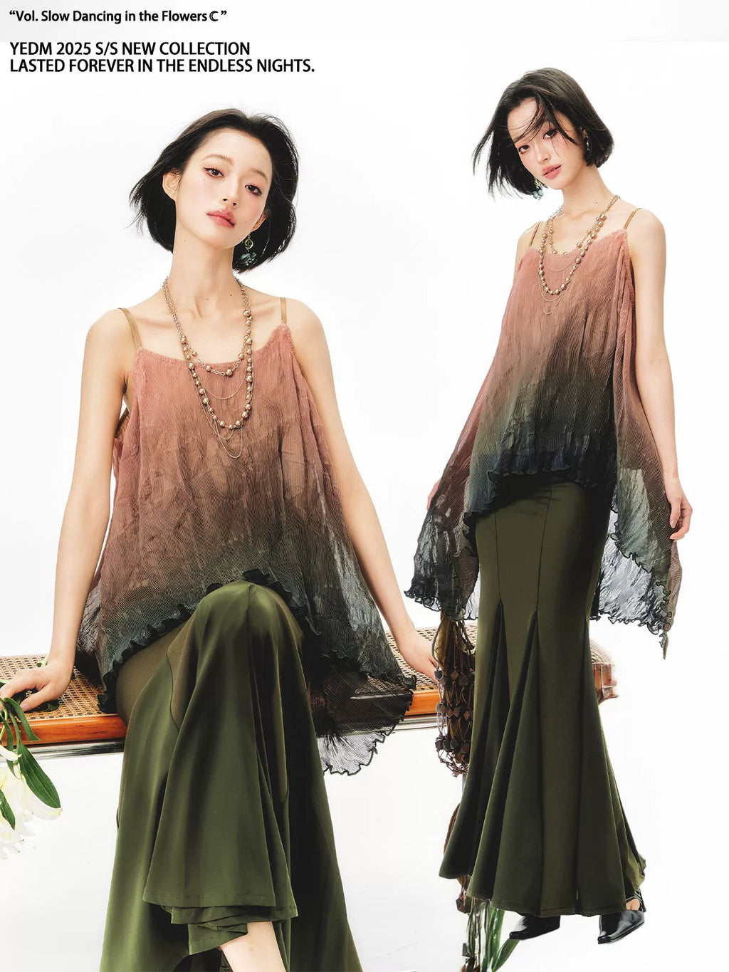 YEDM Tie-dye Gradual Change Suspender Fishtail Skirt Set