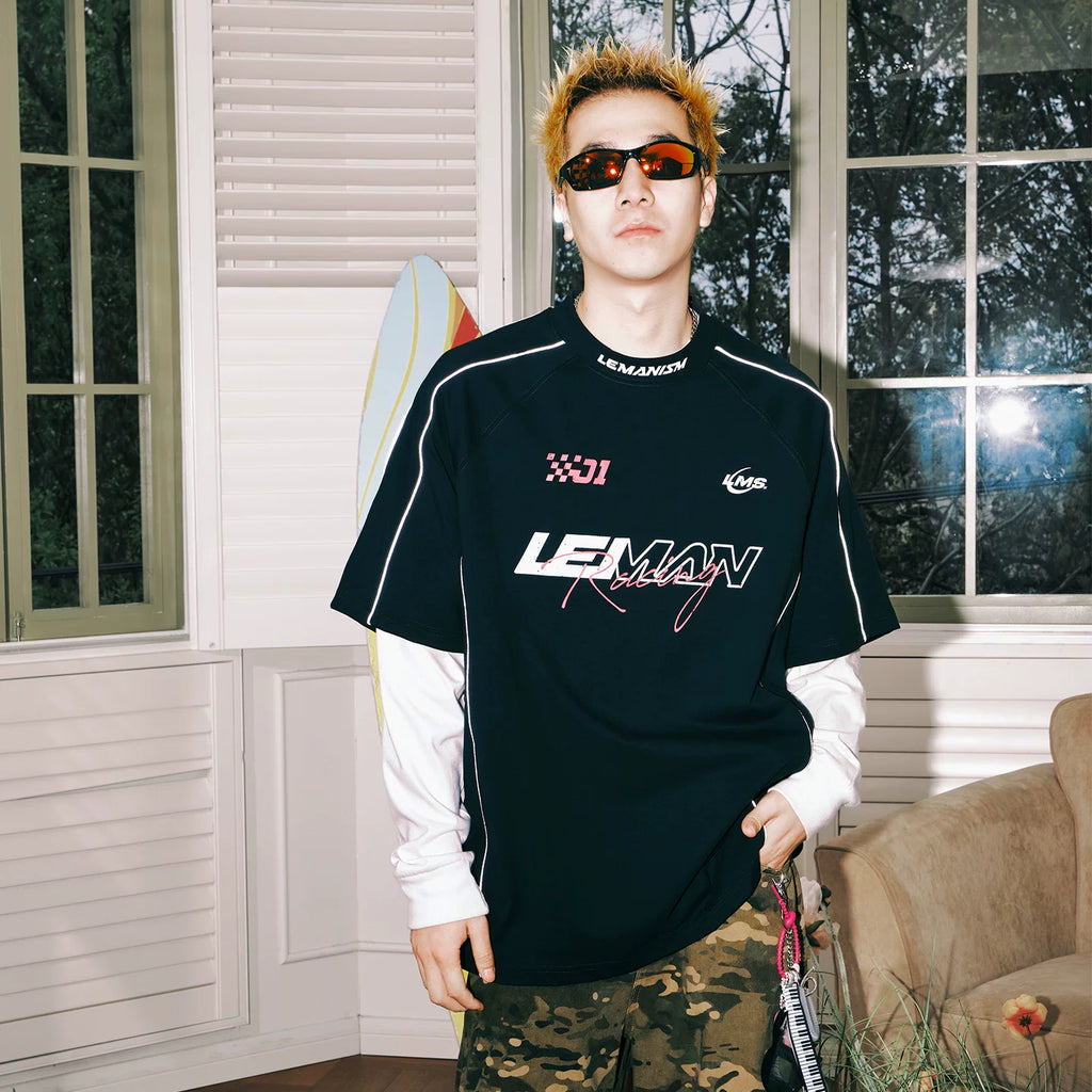 Lemanism Letter Line Contrasting Color Casual Tee