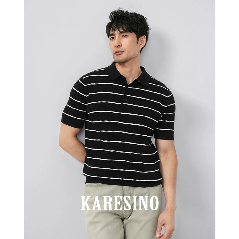 KARESINO Breathable Lapel Striped Polo Knitted Sweater