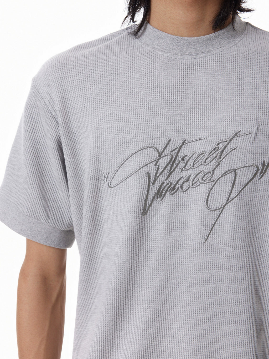 BTSG Embroidery Letter Waffle Threaded Cuff Tee