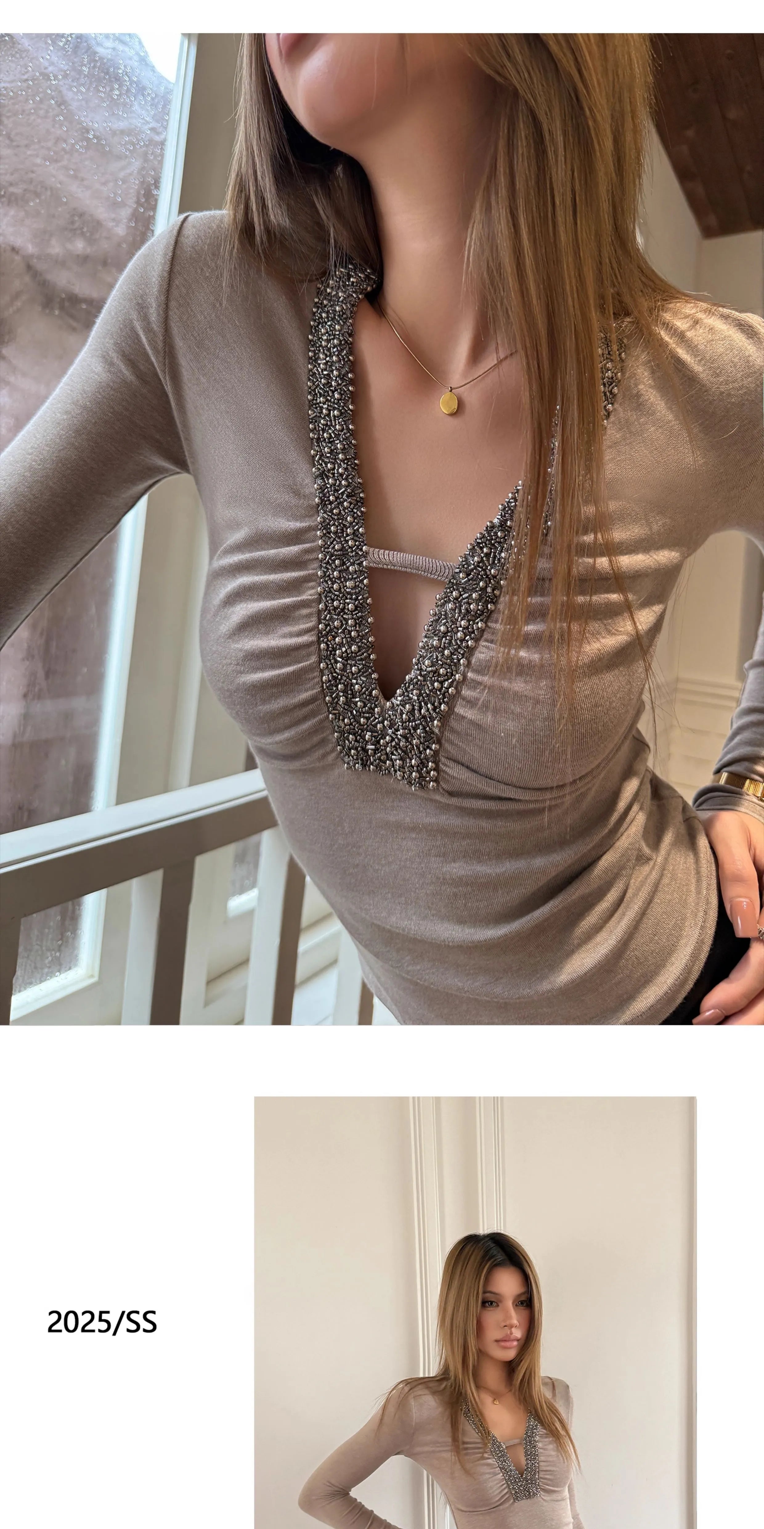 Audwyn V Neck Bead Slim Sleeve