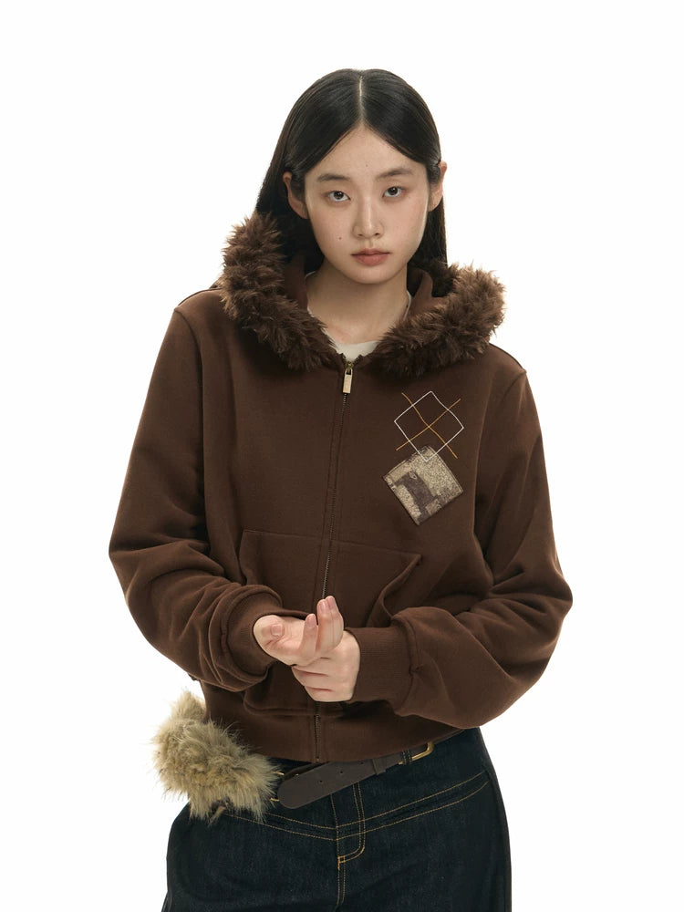 TGNS Hooded Removable Fur Collar Patch Embroidered Jacket