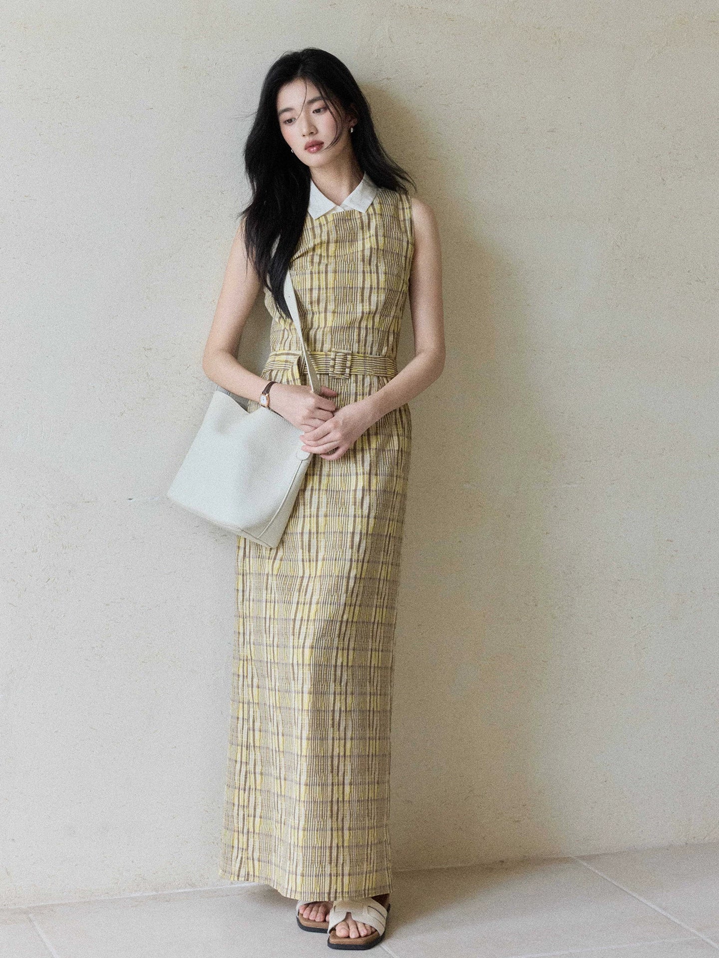 TYANG Plaid Lapel Temperament Sleeveless Dress