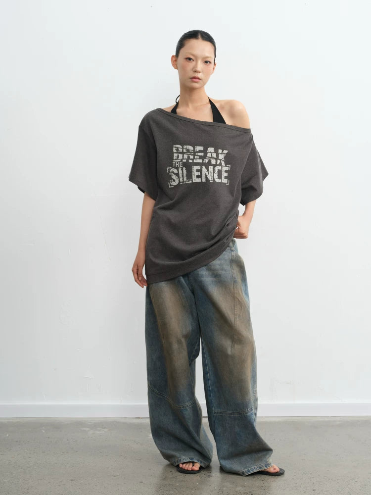 LINY LIBERTY Vintage Loose Slanted Shoulder Tee