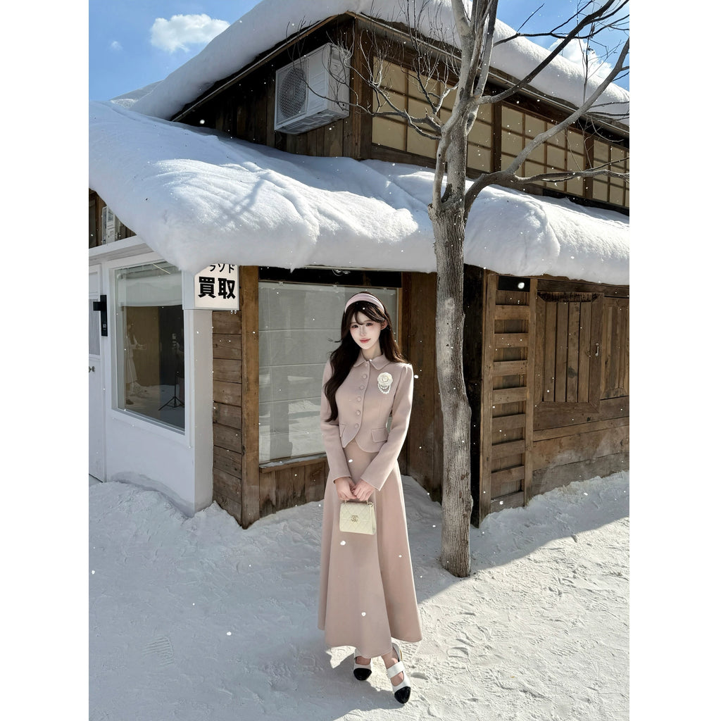Barb Chill Woolen Doll Collar Slim Fit Short Jacket Long Skirt Set