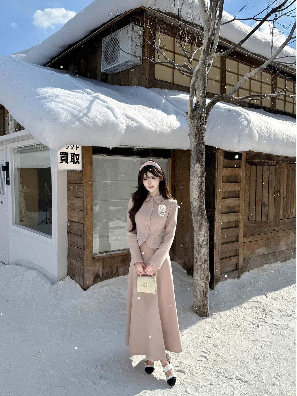 Barb Chill Woolen Doll Collar Slim Fit Short Jacket Long Skirt Set