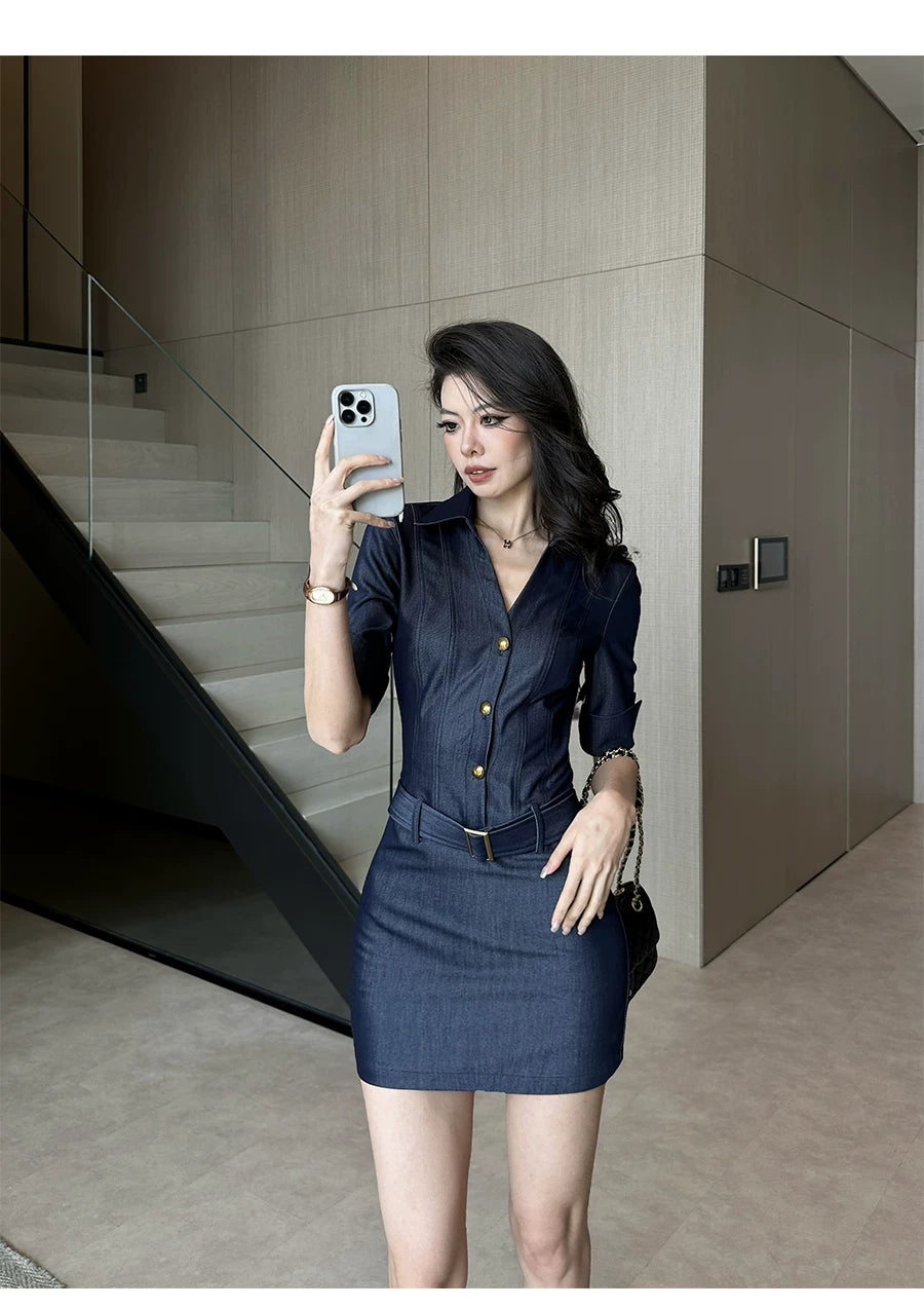 LLROGE Waist Slim Lapel Denim Dress