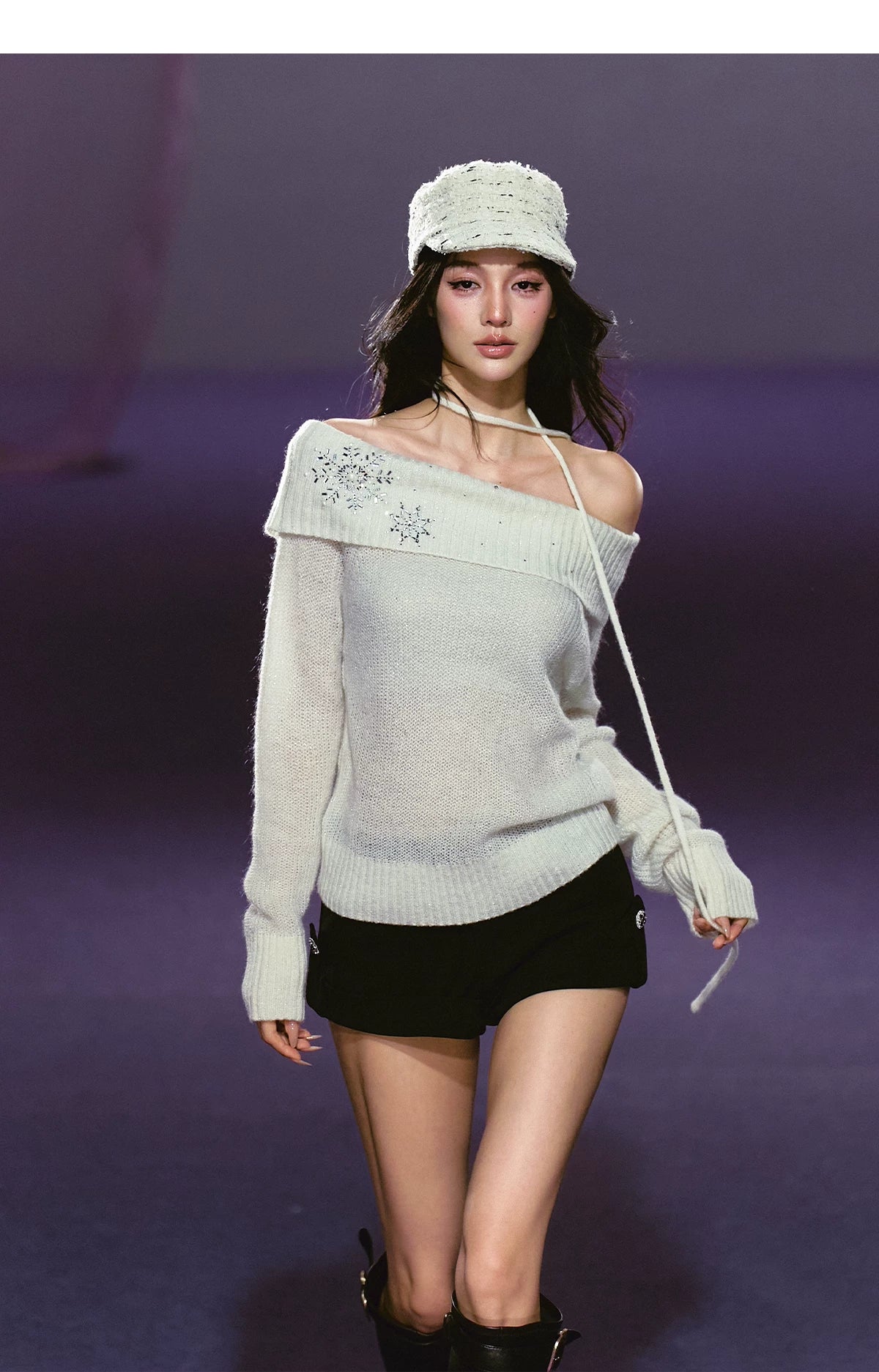 AGAM Hot Diamond Lazy Shoulder Knitted Sweater