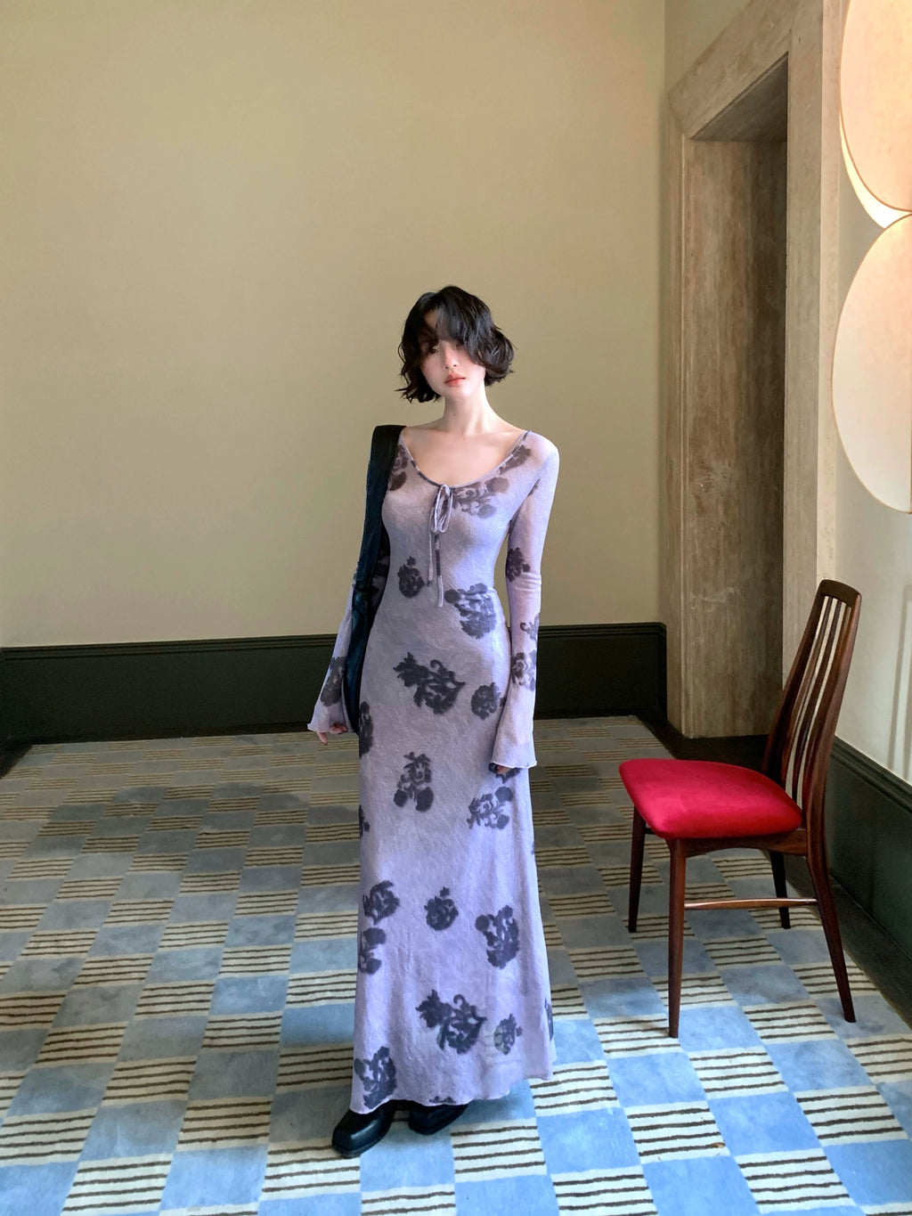 KELIFAN Retro Long Linen Mesh Print Dress