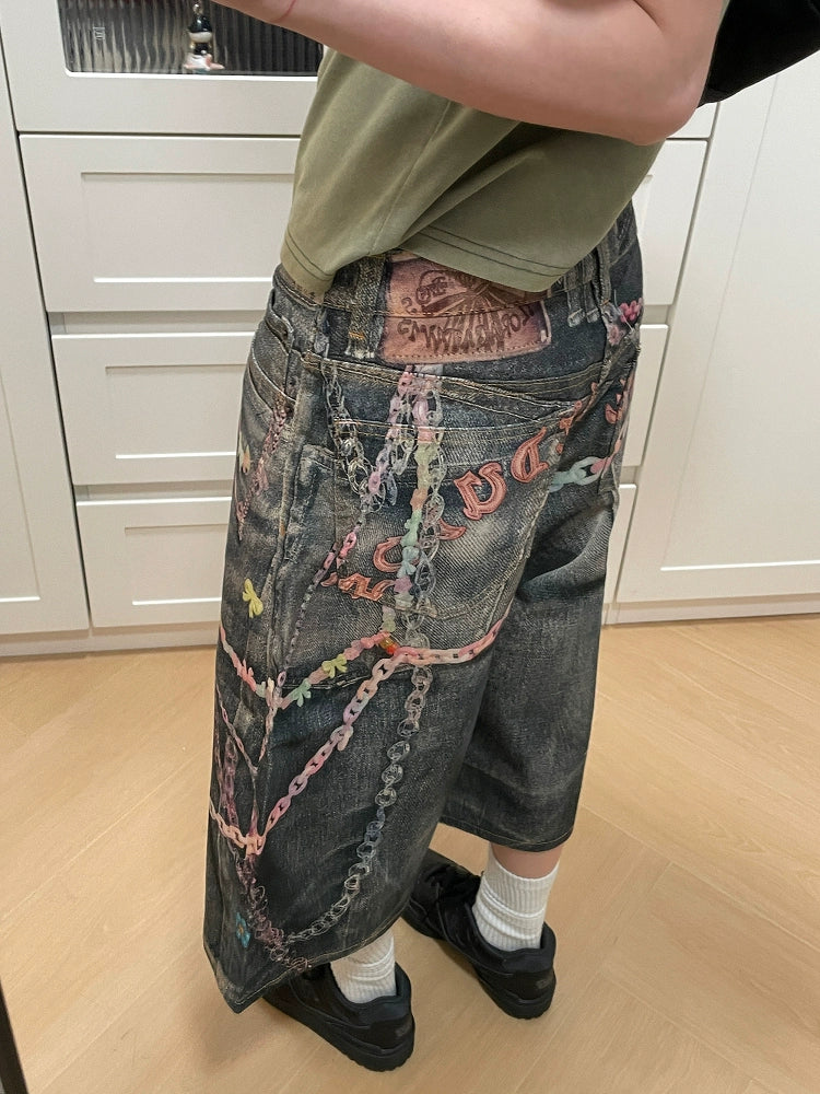 MMBBT Graffiti Print Washed Cropped Jeans