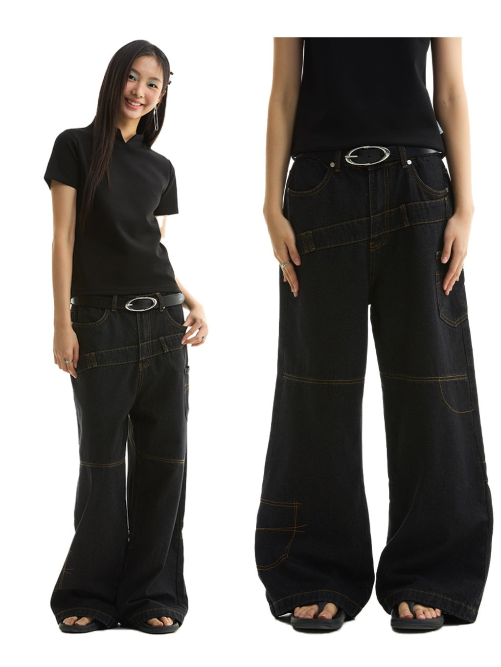 FUNKYFUN Thread Embroidered Loose Straight Jeans