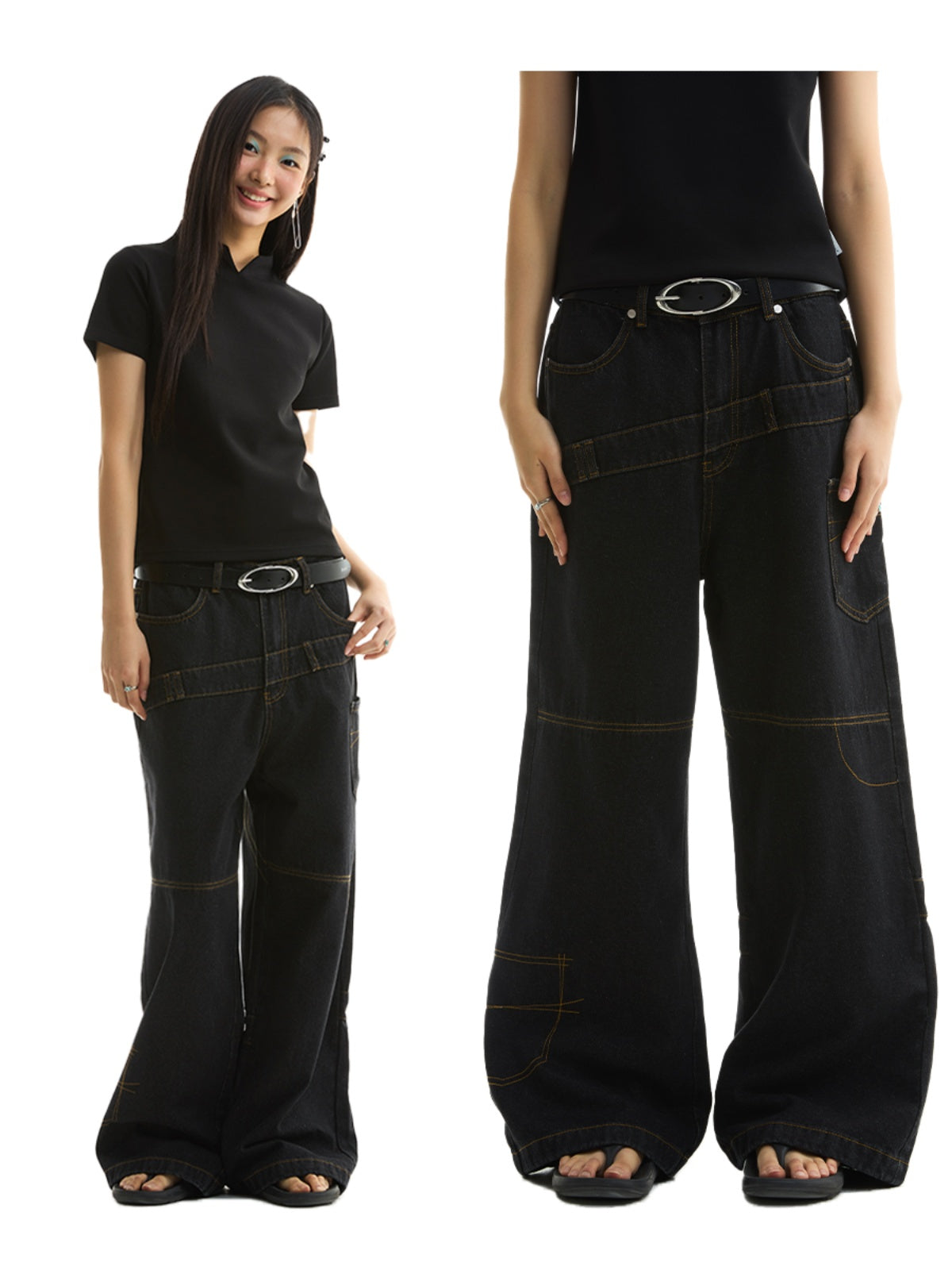 FUNKYFUN Thread Embroidered Loose Straight Jeans