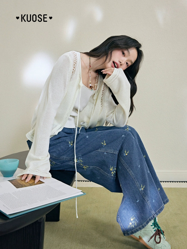 Kuose Embroidered Floral Wide-leg Jeans