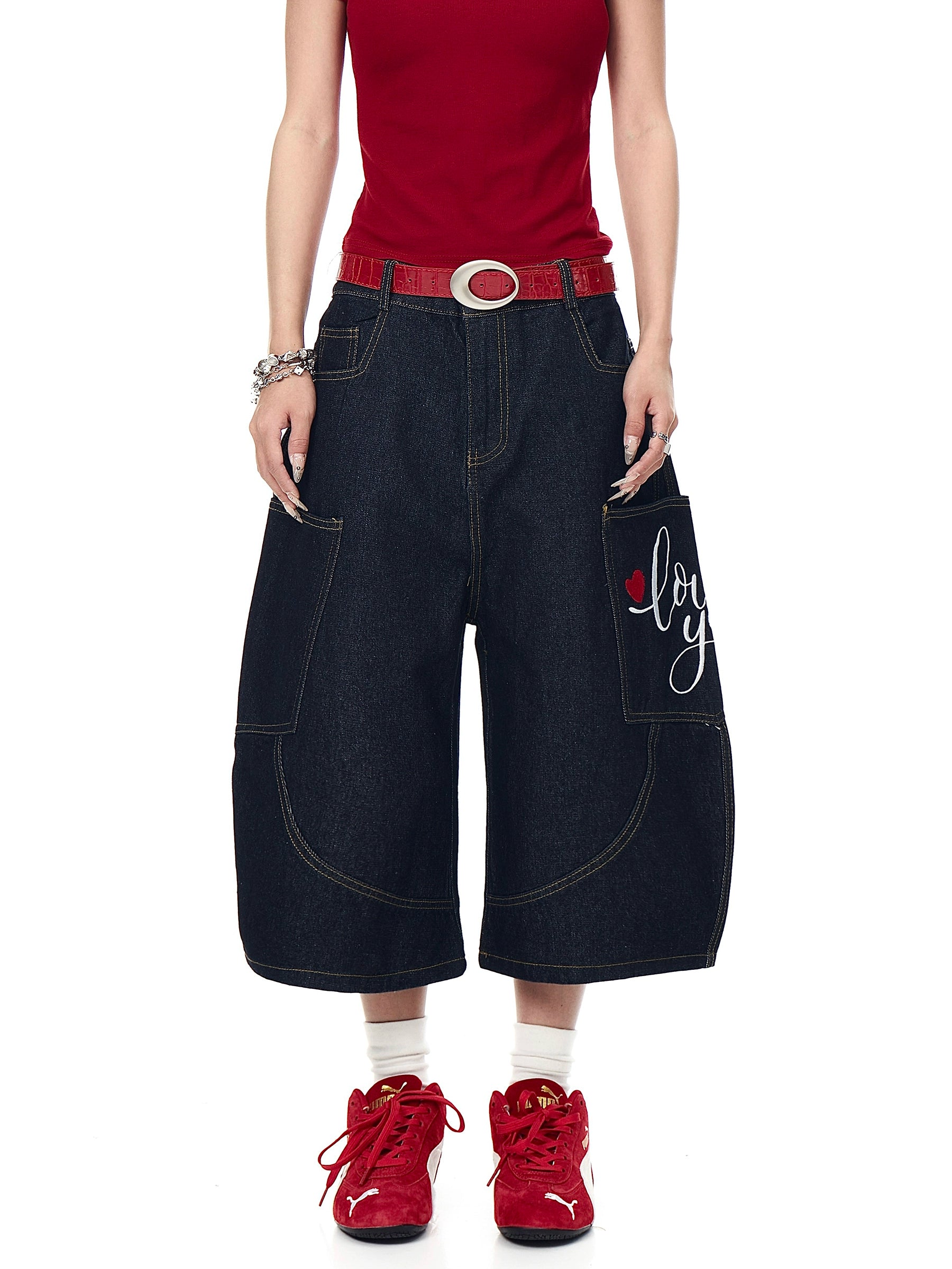 BLACKLISTS Vintage Love Embroidered Scimitar Denim Shorts