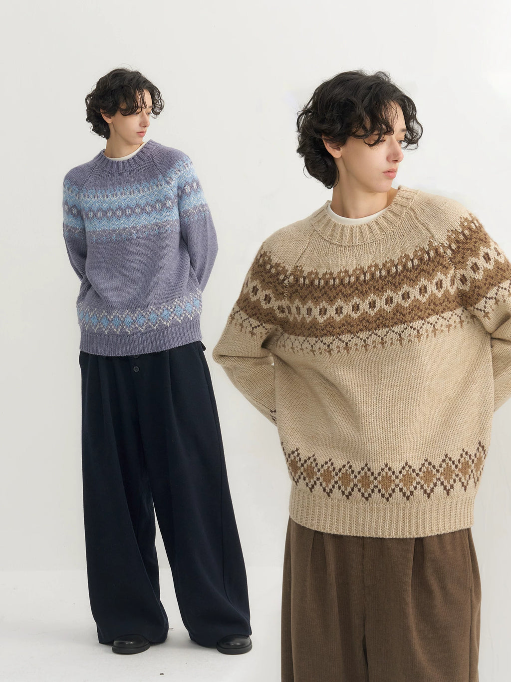 CARPEM Vintage Jacquard Contrast Crew Neck Sweater