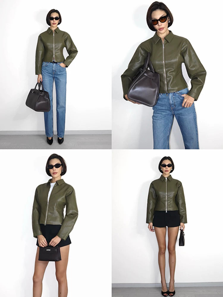 VanessaLab Vintage Slim Fit Waist Short Leather Jacket