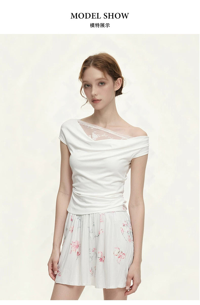 SUREENOUGH Lace Splicing Sloping Shoulder Tee