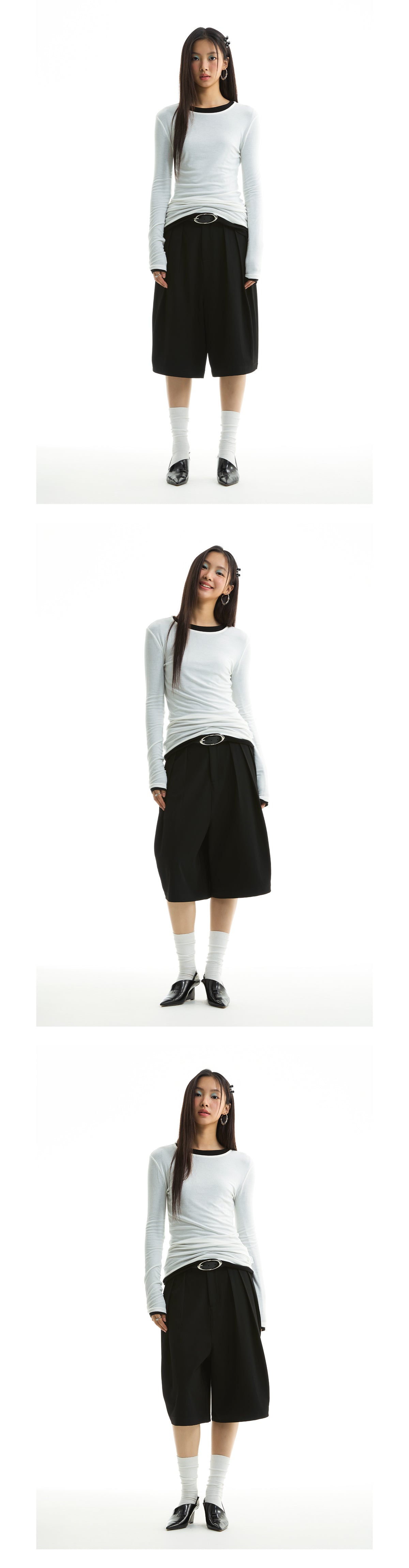 FUNKYFUN 2025SS Double-piece pleated design waistless wide five-point low-crotch trousers shorts