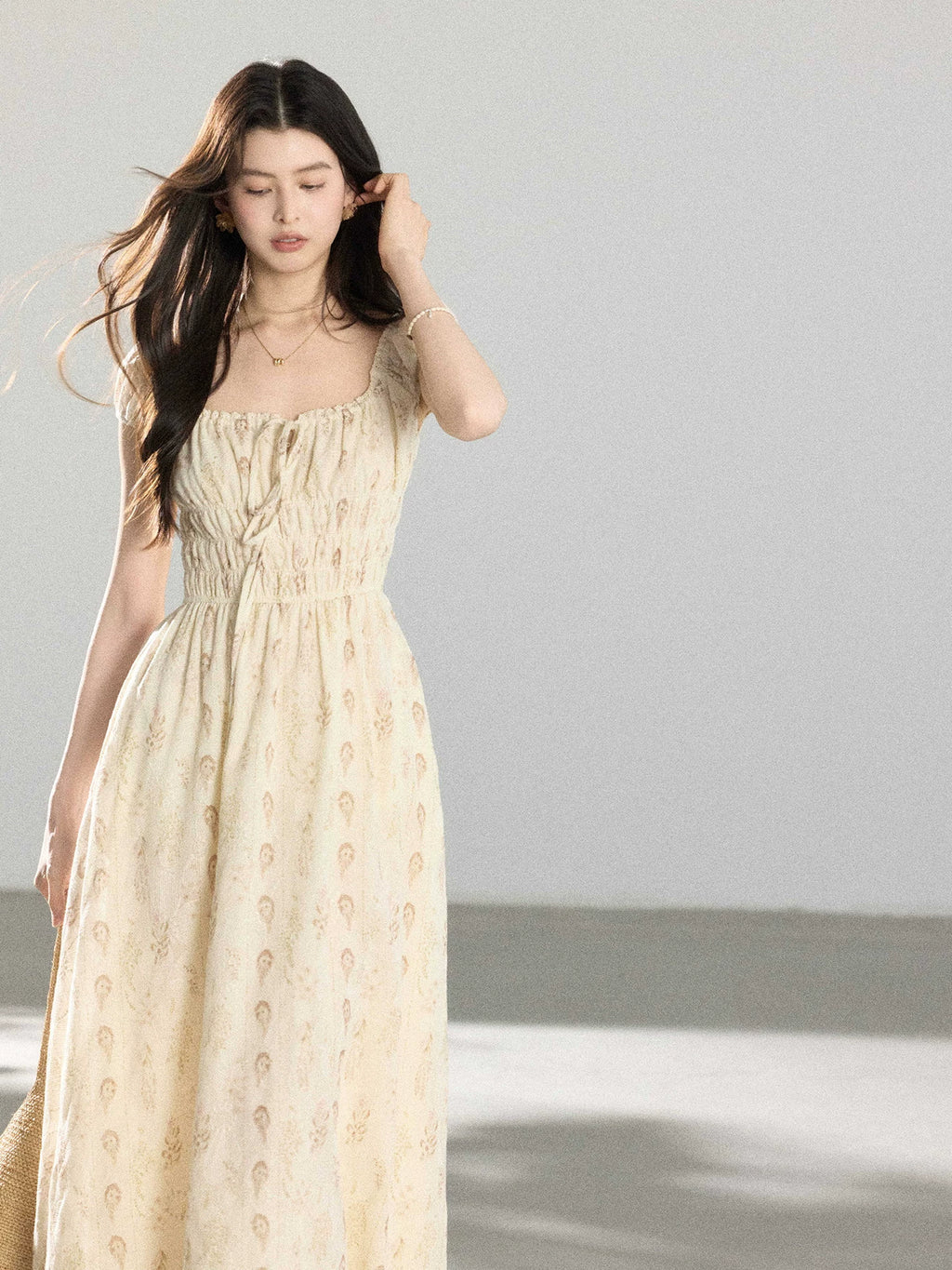 TYANG Retro Square Neck Drawstring Floral Dress