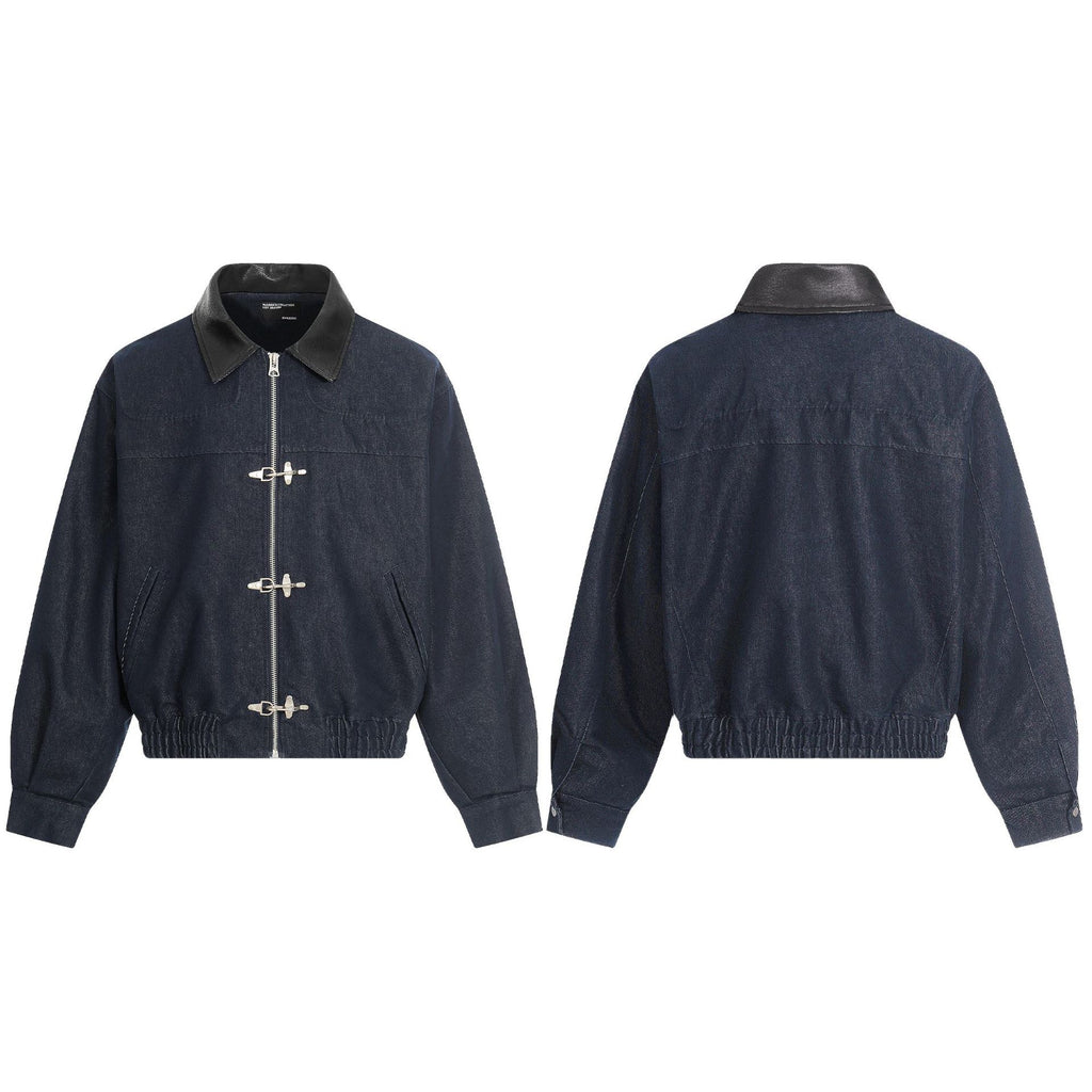 11KN Retro Spliced PU Leather Lapel Jacket