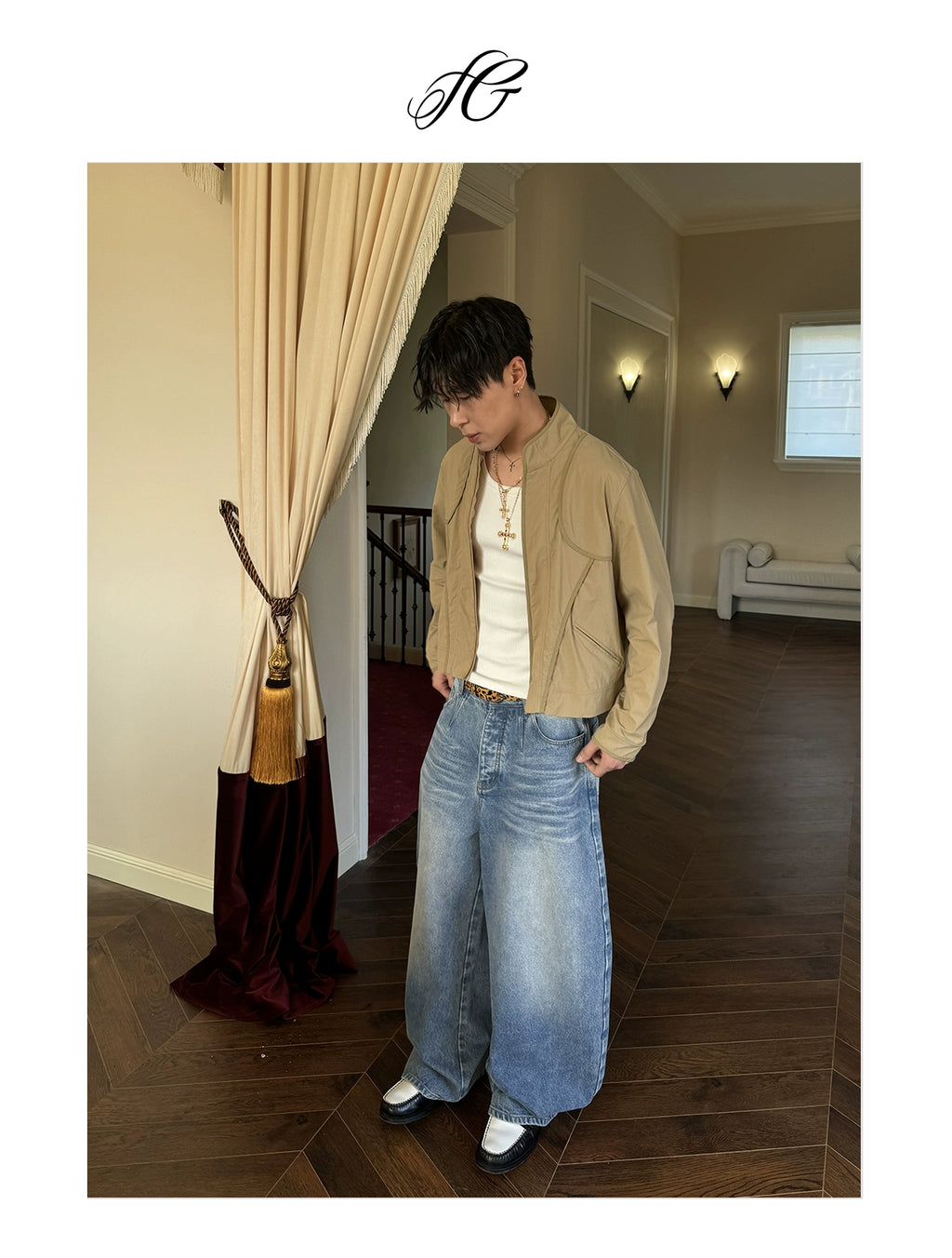 InsGale Blue Scimitar Silhouette Three-dimensional Washed Jeans