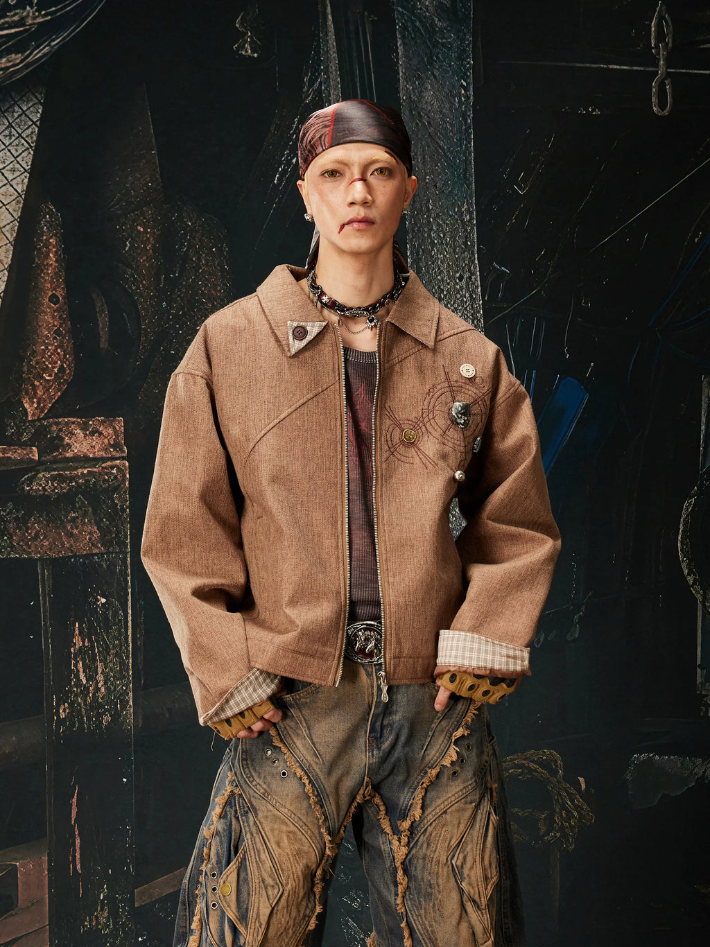 NOMANIAI Vintage Plaid Stitched Lapel Zip Jacket Jacket