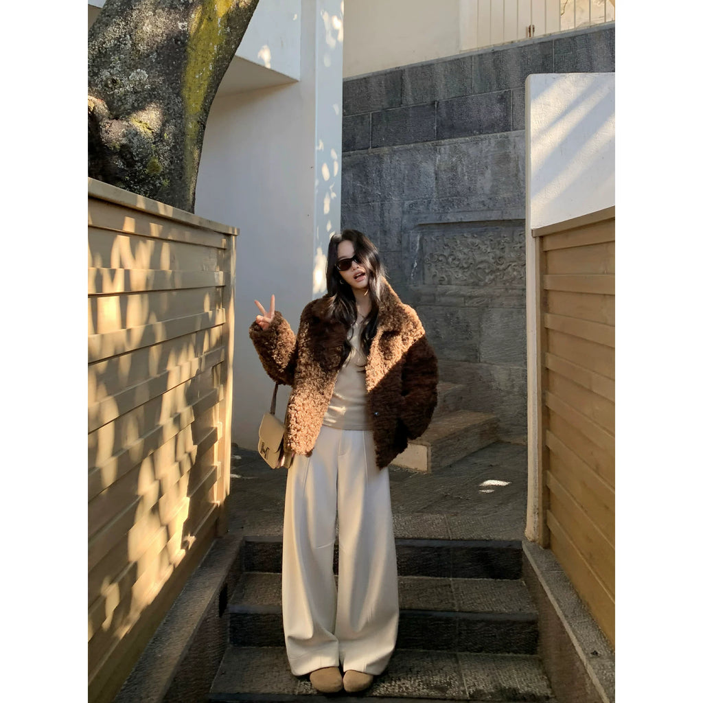 Pusumede Lapel Short Temperament Loose Fluffy Coat