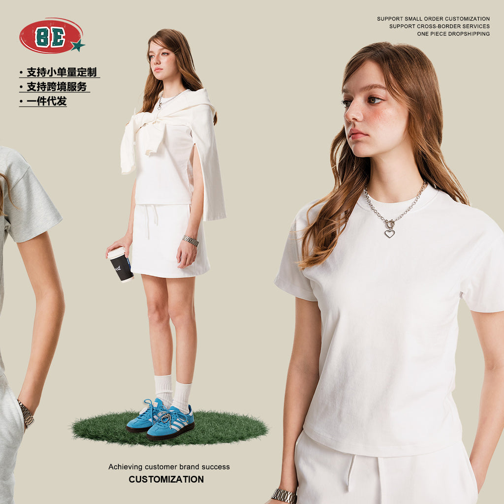 BE Women's Pure Cotton Solid Color 305G Casual Sports Slim Fit T-Shirt