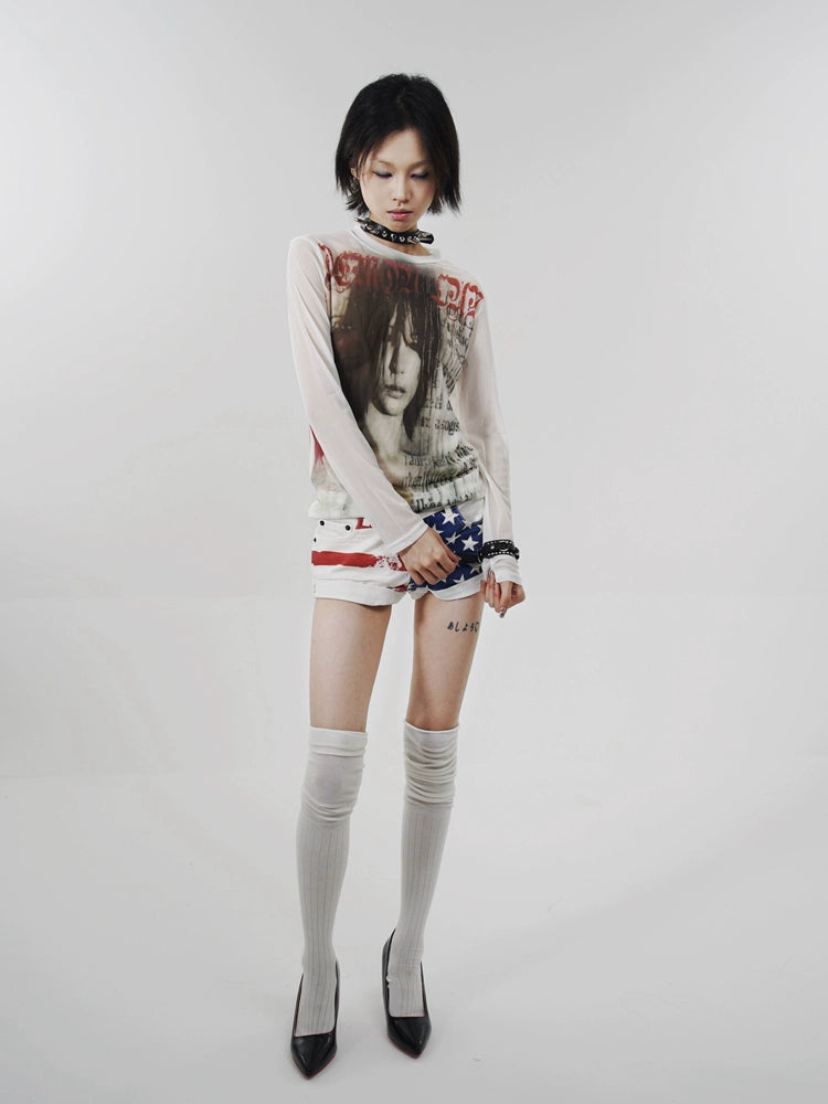WEBBAR Post-Punk Style Long Sleeve Mesh T-Shirt