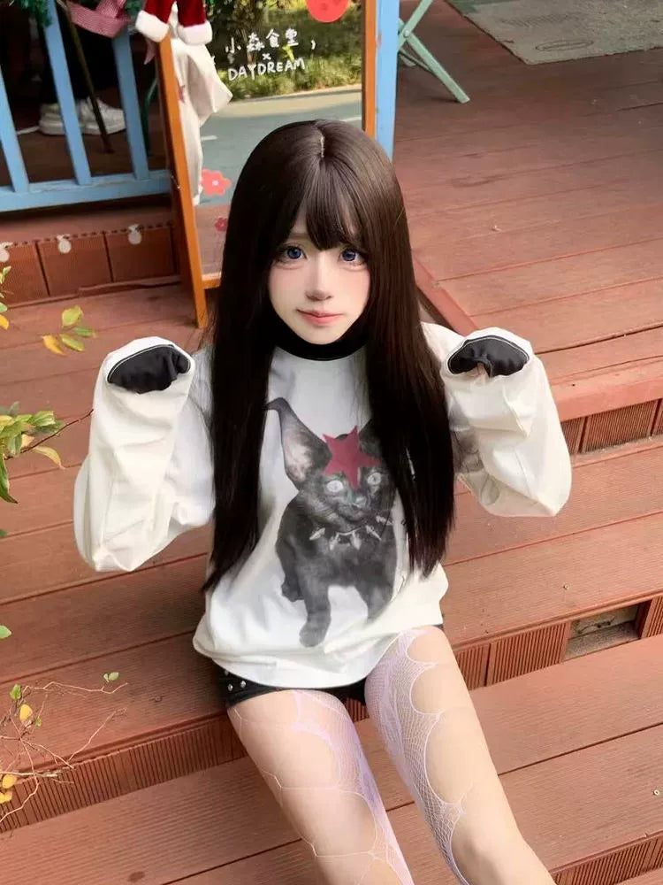 DETW 24AW Original [Civet Slogan] Black and white contrasting color splicing 260g * long sleeve tee