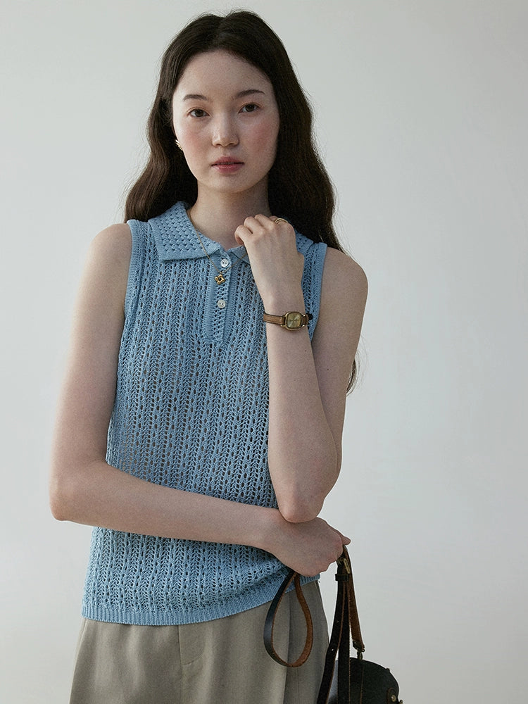 VOOE Temperament Lapel Hollow Knitted Vest
